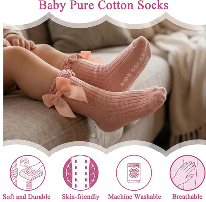 6 Pairs Baby Girl Ruffle Socks with Bow Non Slip Grippy Cotton Frilly Crew Fancy Dress Socks Newborn Infant Toddler