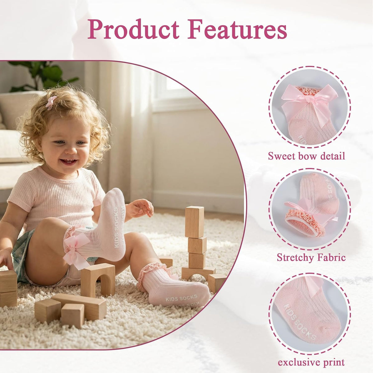 6 Pairs Baby Girl Ruffle Socks with Bow Non Slip Grippy Cotton Frilly Crew Fancy Dress Socks Newborn Infant Toddler