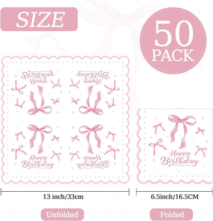 50 Pcs Pink Bow Napkins 13 x 13 Inches, Pink Birthday Paper Napkins Disposable Cocktail Napkins for Bridal Engagement Baby Shower Coquette Birthday Decorations