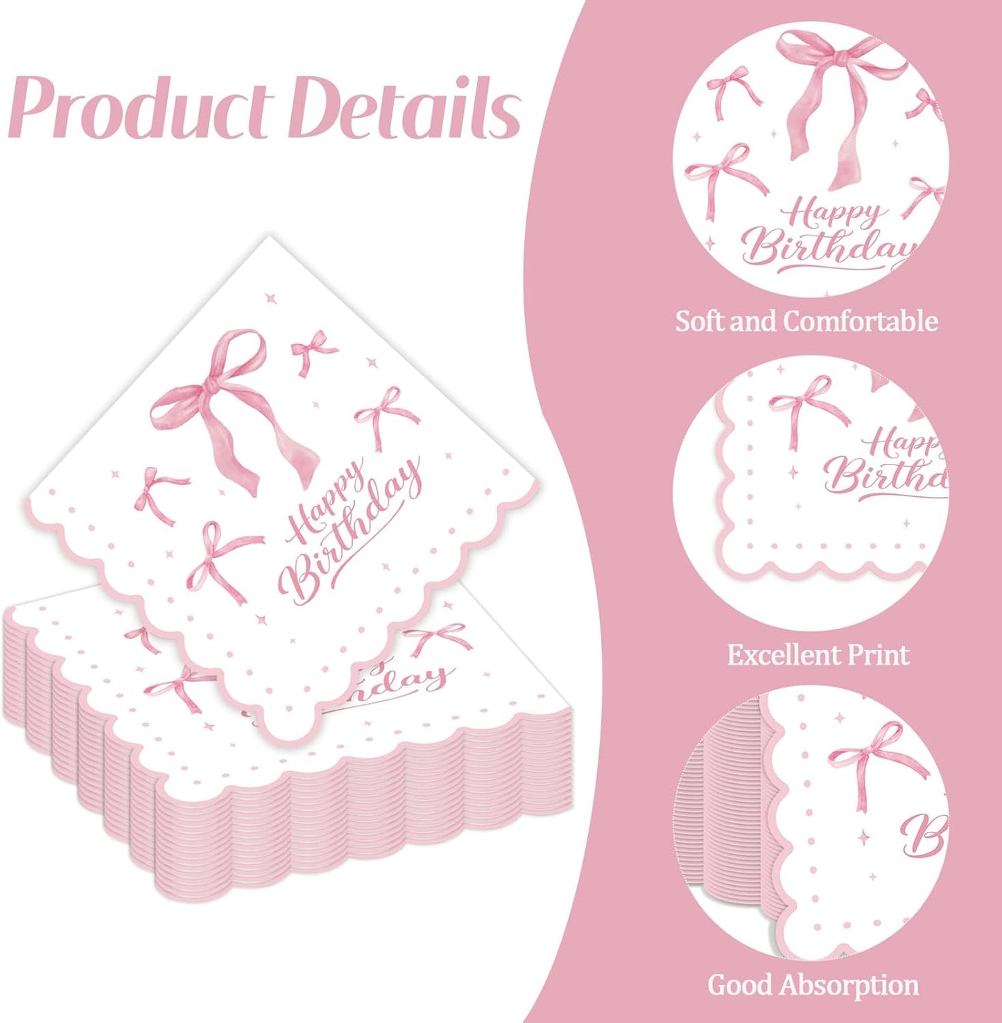 50 Pcs Pink Bow Napkins 13 x 13 Inches, Pink Birthday Paper Napkins Disposable Cocktail Napkins for Bridal Engagement Baby Shower Coquette Birthday Decorations