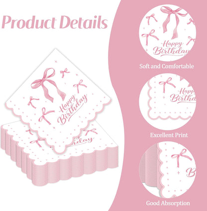 50 Pcs Pink Bow Napkins 13 x 13 Inches, Pink Birthday Paper Napkins Disposable Cocktail Napkins for Bridal Engagement Baby Shower Coquette Birthday Decorations