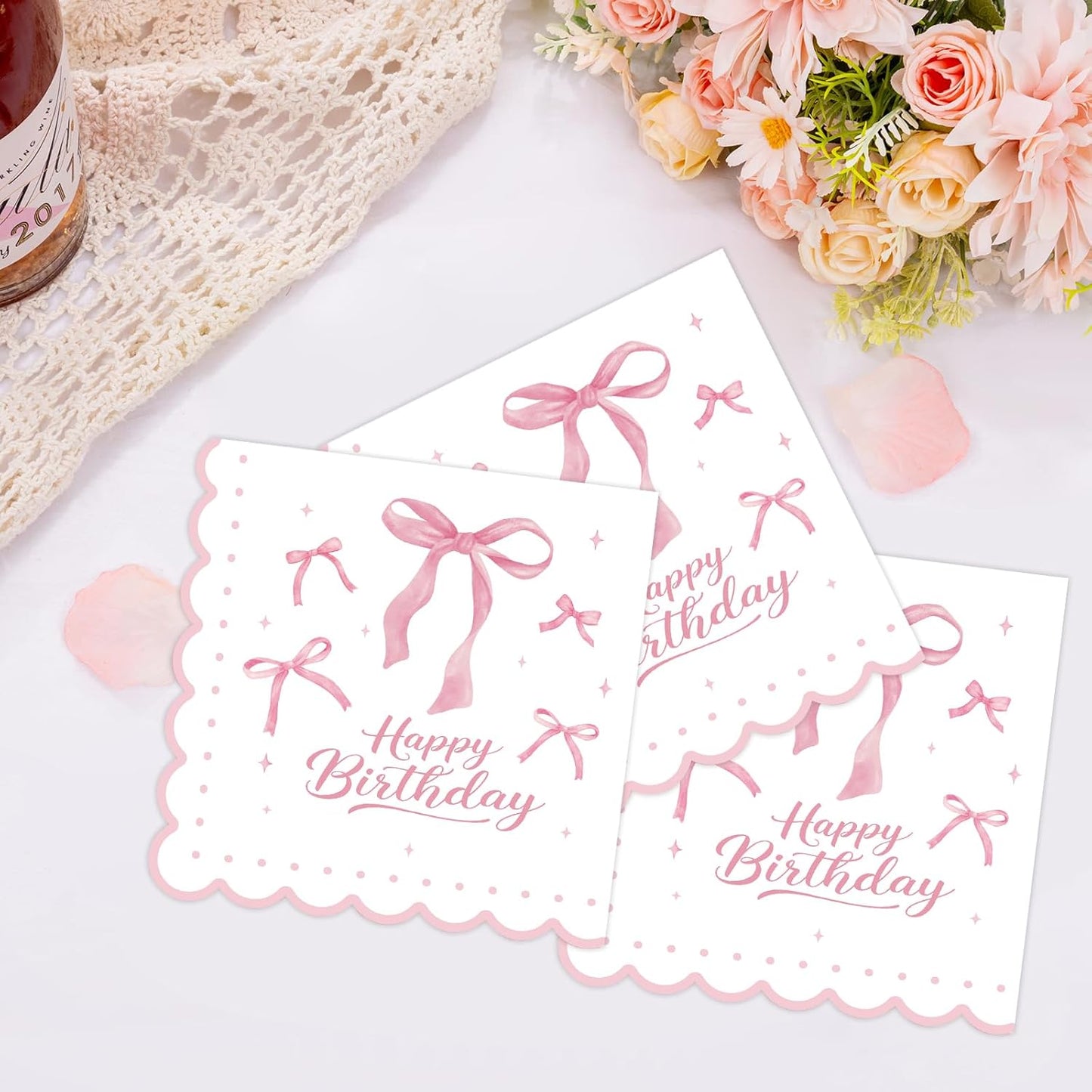 50 Pcs Pink Bow Napkins 13 x 13 Inches, Pink Birthday Paper Napkins Disposable Cocktail Napkins for Bridal Engagement Baby Shower Coquette Birthday Decorations