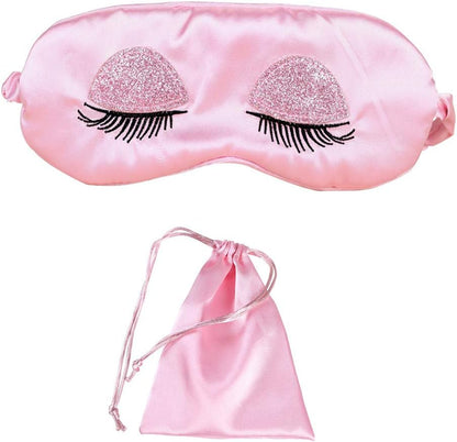 Sweet Girl's Satin Eye Mask Long Eyelash Embroidered Eye Cover Sleeping Eyeshade with Portable Pouch