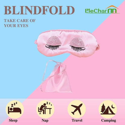 Sweet Girl's Satin Eye Mask Long Eyelash Embroidered Eye Cover Sleeping Eyeshade with Portable Pouch