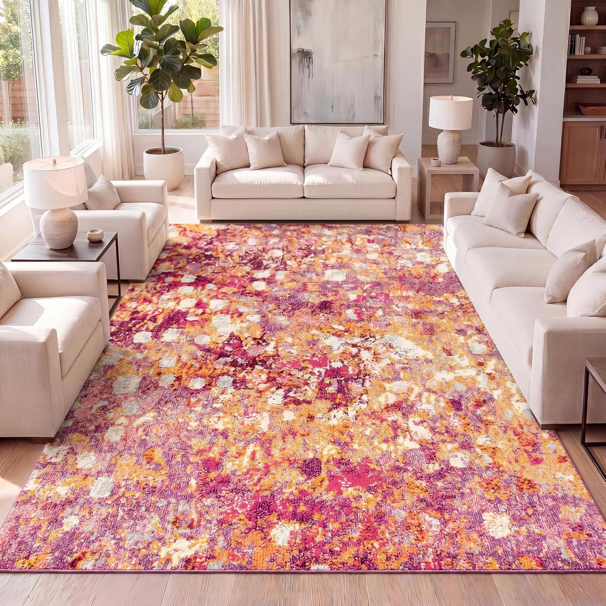 Modern Abstract Pink/Orange Indoor Area Rug, 4x6, Contemporary POP, Transitional, Easy-Cleaning for Living Room, Bedroom, Kitchen, Pet Friendly, Non-Shedding (CTP108C-4)