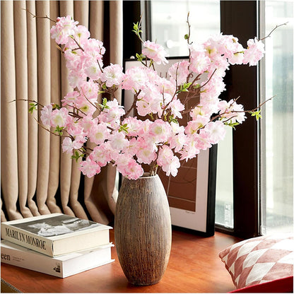 3Pcs Pink Artificial Cherry Blossom Branches - Silk Faux Peach Flowers Stems with Leaves Fake Plants Bouquet for Vase Home Wedding Outdoor Spring Garden Decoration (Light Pink)