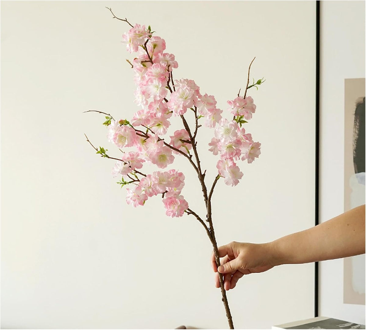 3Pcs Pink Artificial Cherry Blossom Branches - Silk Faux Peach Flowers Stems with Leaves Fake Plants Bouquet for Vase Home Wedding Outdoor Spring Garden Decoration (Light Pink)