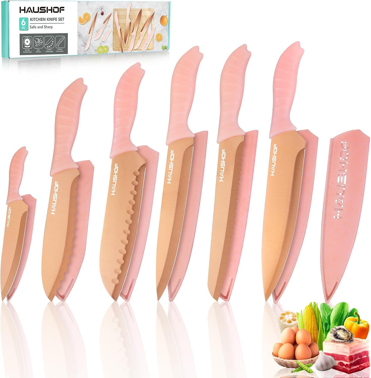12-Piece Kitchen Knife Set, 6 Pink Knives with 6 Sheaths