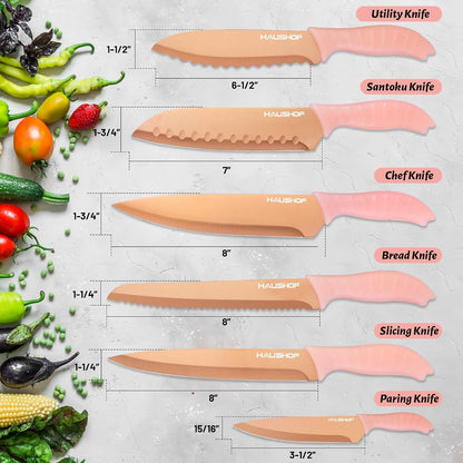 12-Piece Kitchen Knife Set, 6 Pink Knives with 6 Sheaths