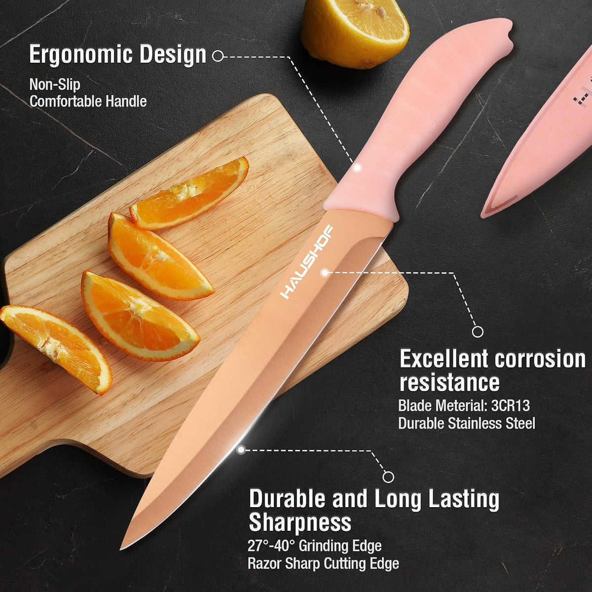 12-Piece Kitchen Knife Set, 6 Pink Knives with 6 Sheaths