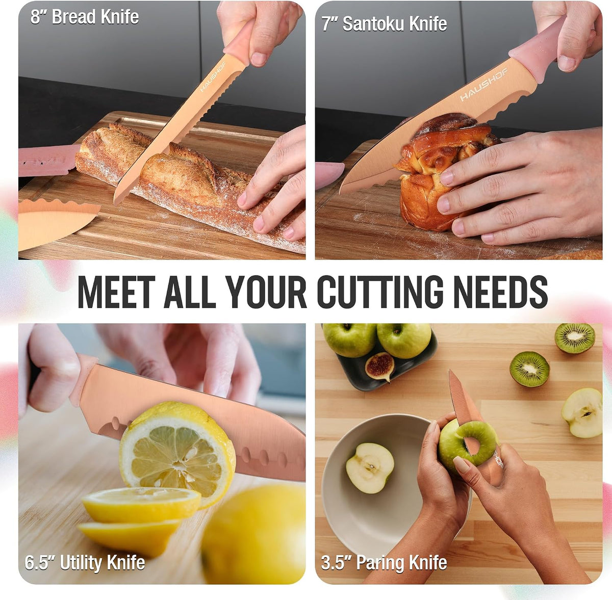 12-Piece Kitchen Knife Set, 6 Pink Knives with 6 Sheaths