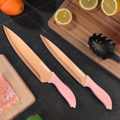 12-Piece Kitchen Knife Set, 6 Pink Knives with 6 Sheaths