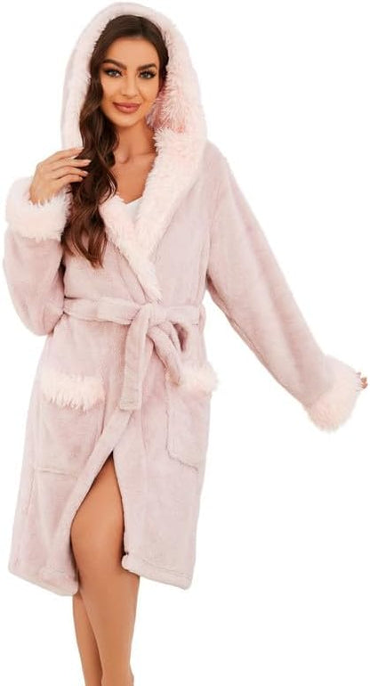 Women Hooded Plush Short Robe Soft Warm Fleece Cute Bathrobe