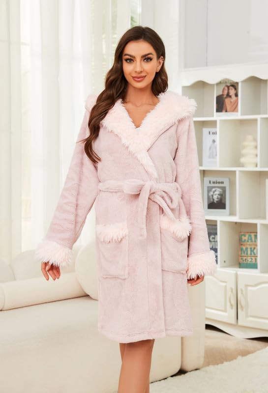 Women Hooded Plush Short Robe Soft Warm Fleece Cute Bathrobe