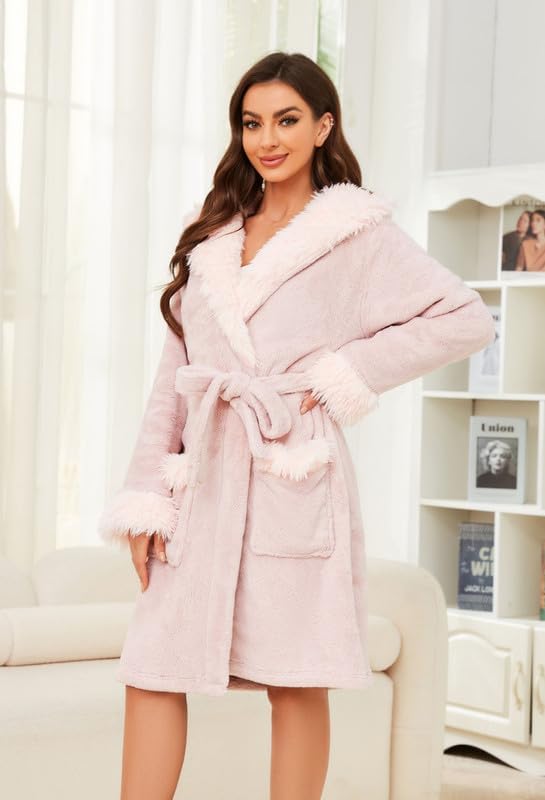 Women Hooded Plush Short Robe Soft Warm Fleece Cute Bathrobe