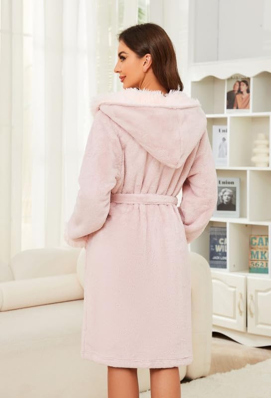 Women Hooded Plush Short Robe Soft Warm Fleece Cute Bathrobe