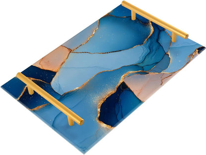 Marble Royal Blue Peach Decorative Tray with Handles with Handles Trays for Coffee Table for Jewelry Perfume for Farmhouse Serving bandeja de decoracion para sala
