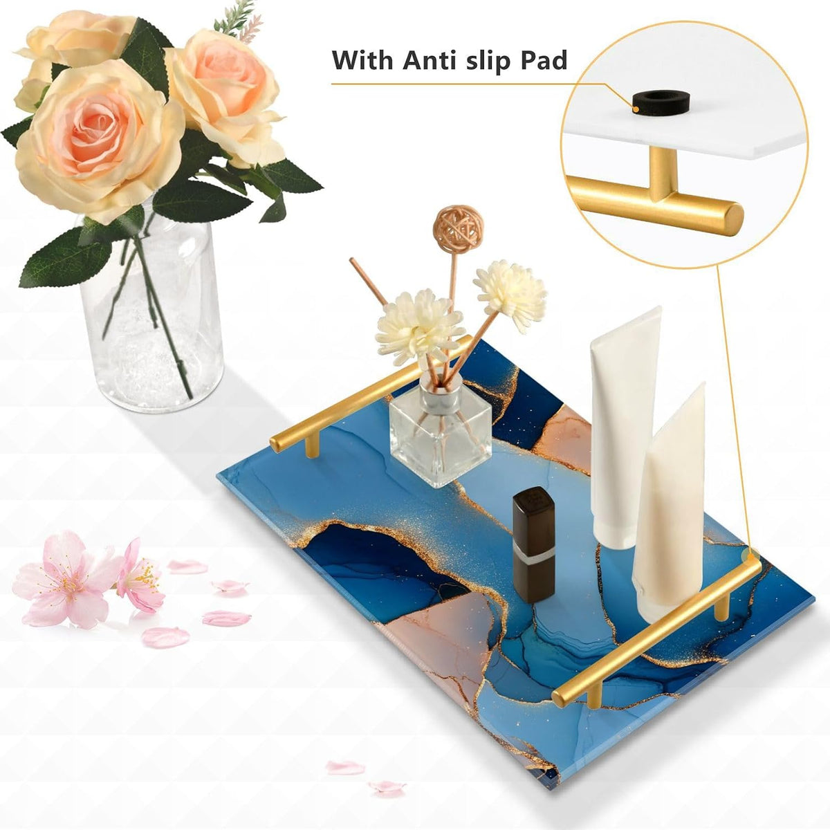Marble Royal Blue Peach Decorative Tray with Handles with Handles Trays for Coffee Table for Jewelry Perfume for Farmhouse Serving bandeja de decoracion para sala