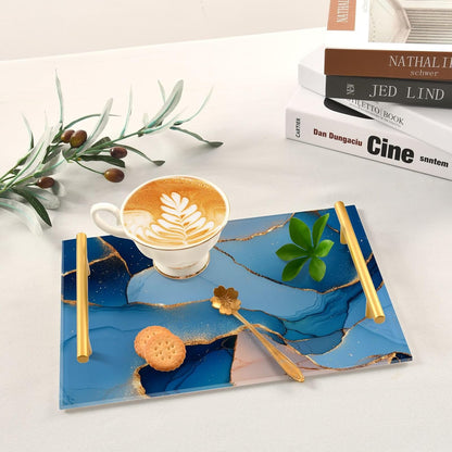 Marble Royal Blue Peach Decorative Tray with Handles with Handles Trays for Coffee Table for Jewelry Perfume for Farmhouse Serving bandeja de decoracion para sala