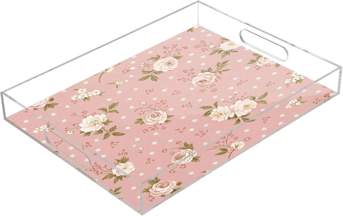 Pink Floral Pattern Serving Tray 12" x 16" Acrylic Trays with Handles Decorative Serving Platter for Coffee, Breakfast in Bed, Dinner, Appetizers, Patio, Party