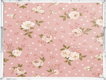 Pink Floral Pattern Serving Tray 12" x 16" Acrylic Trays with Handles Decorative Serving Platter for Coffee, Breakfast in Bed, Dinner, Appetizers, Patio, Party