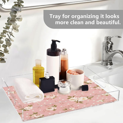 Pink Floral Pattern Serving Tray 12" x 16" Acrylic Trays with Handles Decorative Serving Platter for Coffee, Breakfast in Bed, Dinner, Appetizers, Patio, Party