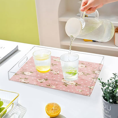 Pink Floral Pattern Serving Tray 12" x 16" Acrylic Trays with Handles Decorative Serving Platter for Coffee, Breakfast in Bed, Dinner, Appetizers, Patio, Party
