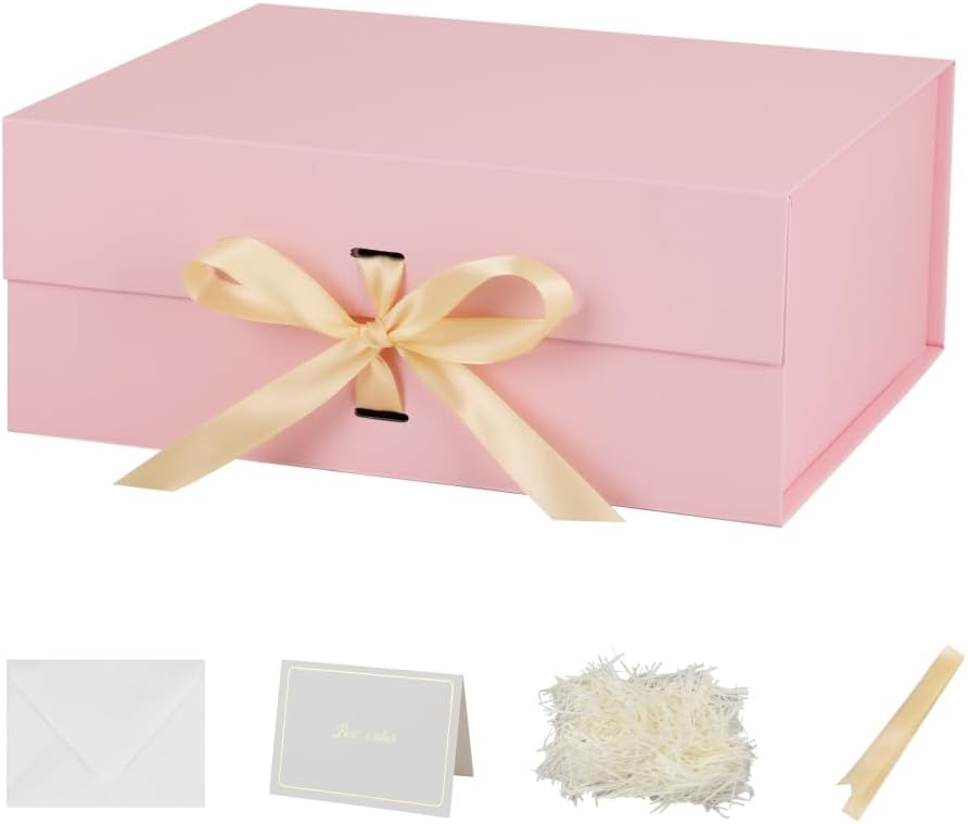 Large Pink Gift Box with Ribbon 1 Pack 13X11X5.3 Inch Large Gift Box with Lid Magnetic Closure Rectangle Collapsible Luxury Wrap Box for Wedding Gifts Crinkle Cut Paper Shred with Card