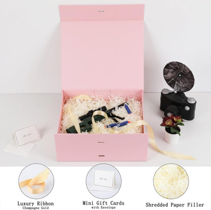 Large Pink Gift Box with Ribbon 1 Pack 13X11X5.3 Inch Large Gift Box with Lid Magnetic Closure Rectangle Collapsible Luxury Wrap Box for Wedding Gifts Crinkle Cut Paper Shred with Card