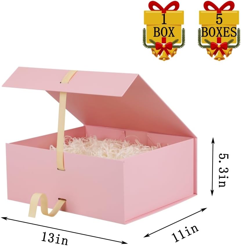 Large Pink Gift Box with Ribbon 1 Pack 13X11X5.3 Inch Large Gift Box with Lid Magnetic Closure Rectangle Collapsible Luxury Wrap Box for Wedding Gifts Crinkle Cut Paper Shred with Card