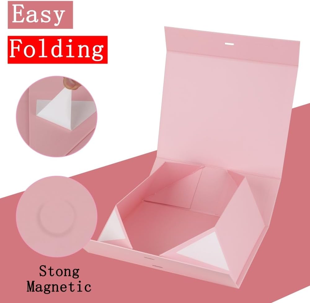 Large Pink Gift Box with Ribbon 1 Pack 13X11X5.3 Inch Large Gift Box with Lid Magnetic Closure Rectangle Collapsible Luxury Wrap Box for Wedding Gifts Crinkle Cut Paper Shred with Card