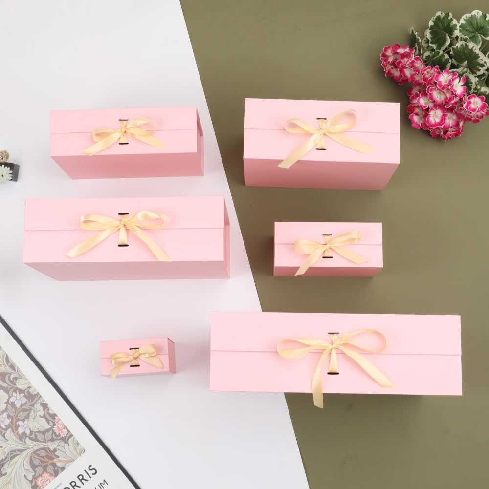 Large Pink Gift Box with Ribbon 1 Pack 13X11X5.3 Inch Large Gift Box with Lid Magnetic Closure Rectangle Collapsible Luxury Wrap Box for Wedding Gifts Crinkle Cut Paper Shred with Card