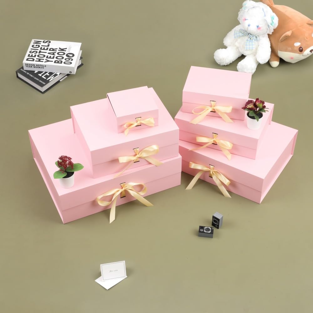 Large Pink Gift Box with Ribbon 1 Pack 13X11X5.3 Inch Large Gift Box with Lid Magnetic Closure Rectangle Collapsible Luxury Wrap Box for Wedding Gifts Crinkle Cut Paper Shred with Card