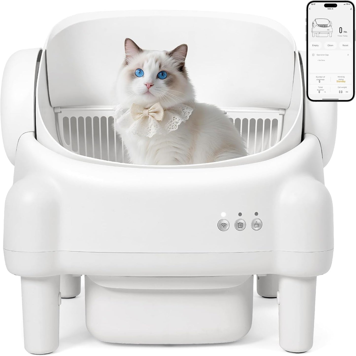 Self Cleaning Litter Box,Open Top Automatic Litter Box with App Control for Multiple Cats, Safety Sensors Protection, Odor Control Includes 2 roll Liners,Large Waste Bin, Cream White