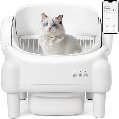 Self Cleaning Litter Box,Open Top Automatic Litter Box with App Control for Multiple Cats, Safety Sensors Protection, Odor Control Includes 2 roll Liners,Large Waste Bin, Cream White