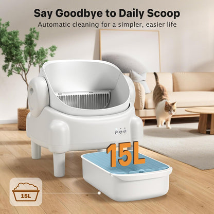 Self Cleaning Litter Box,Open Top Automatic Litter Box with App Control for Multiple Cats, Safety Sensors Protection, Odor Control Includes 2 roll Liners,Large Waste Bin, Cream White