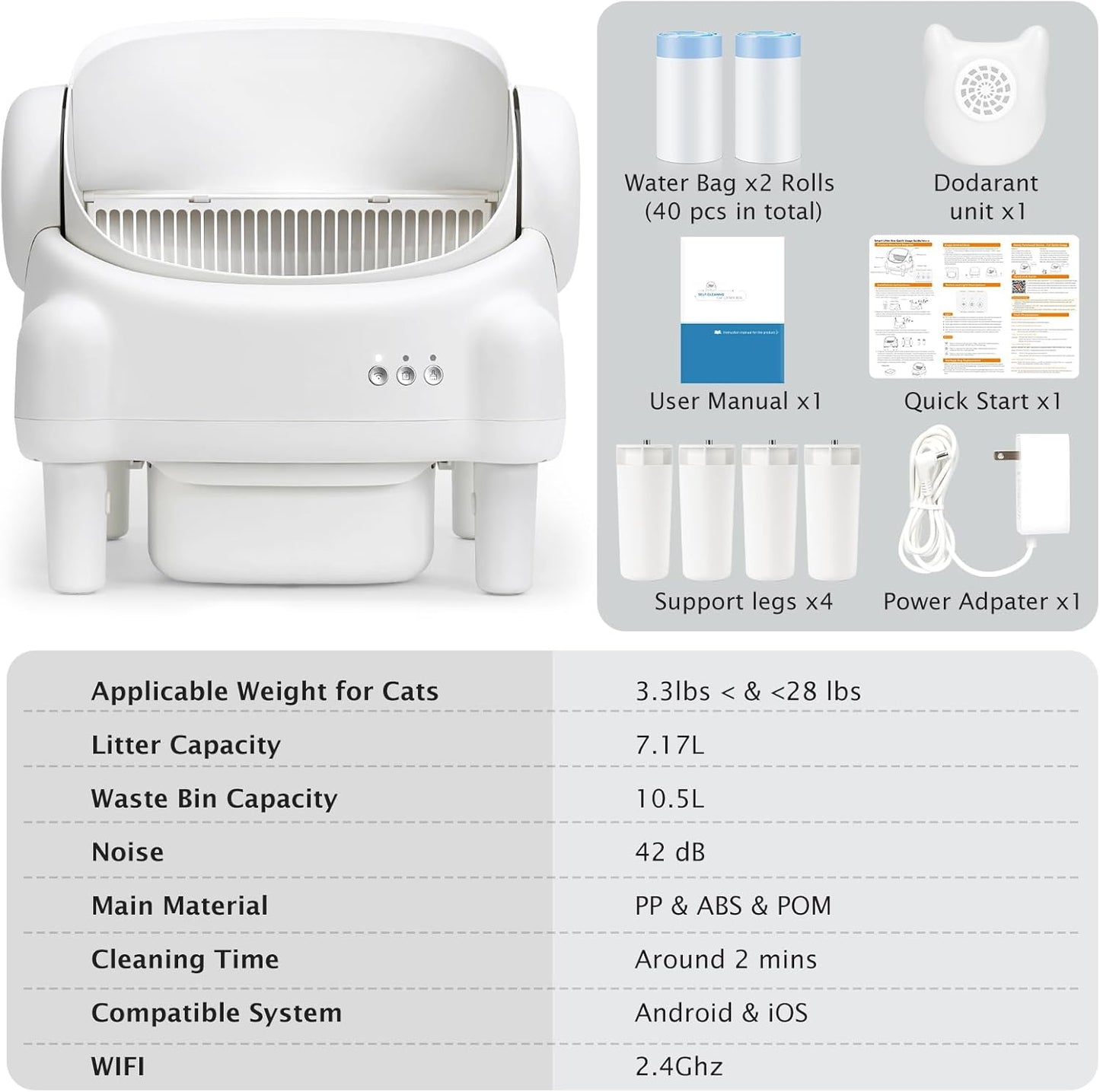 Self Cleaning Litter Box,Open Top Automatic Litter Box with App Control for Multiple Cats, Safety Sensors Protection, Odor Control Includes 2 roll Liners,Large Waste Bin, Cream White