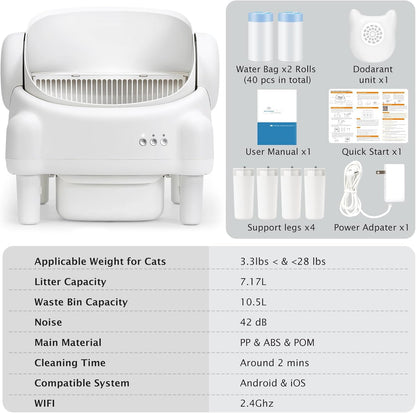 Self Cleaning Litter Box,Open Top Automatic Litter Box with App Control for Multiple Cats, Safety Sensors Protection, Odor Control Includes 2 roll Liners,Large Waste Bin, Cream White