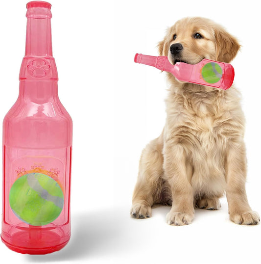 Ball in Bottle Dog Toy - Interactive Crunch and Play Bottle with Tennis Ball Inside for Dogs, Squeaky Puppy Toy(Pink, Large)