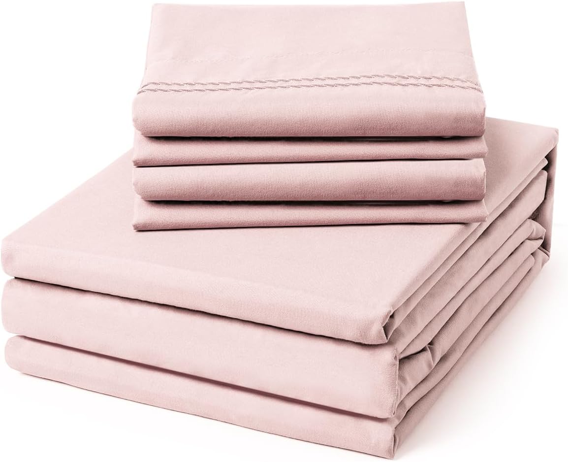Full Sheets Set - 6 Piece Fitted Bed Sheet Set, Barely Pink