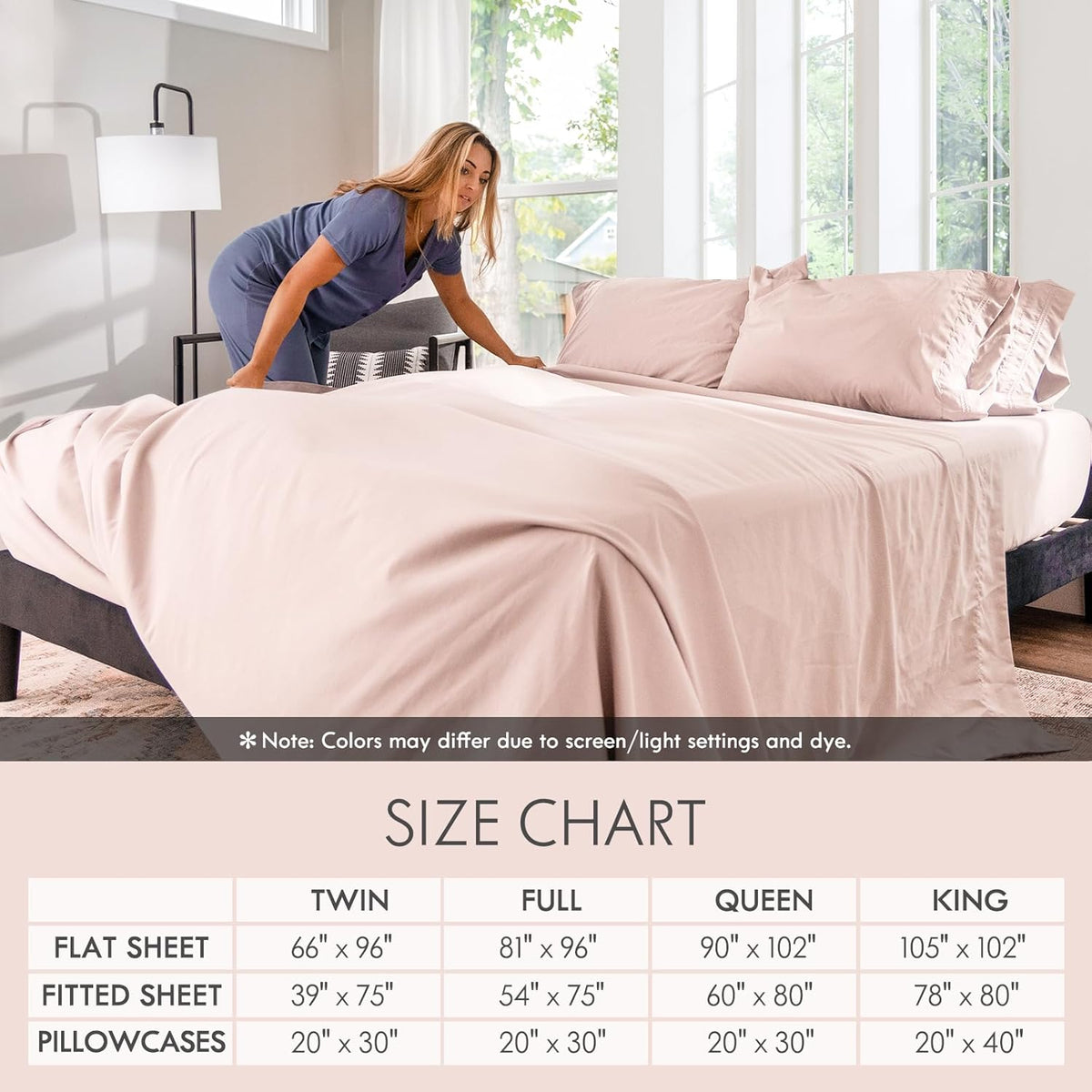 Full Sheets Set - 6 Piece Fitted Bed Sheet Set, Barely Pink