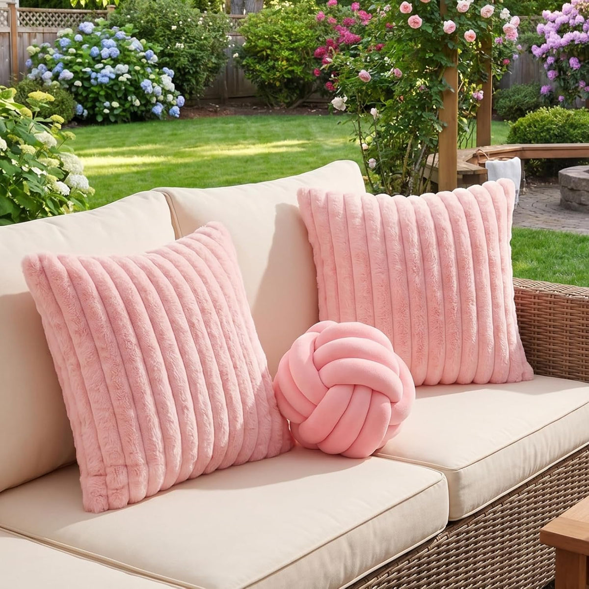 Set of 3 Knot Pillow Ball and 18" Throw Pillowcases Fuzzy Striped, Soft Knotted Home Decor Pillow, 2 Faux Fur Cushion Covers Aesthetic Cushion and Cases for Sofa Bed Bedroom Living Room (Pink)