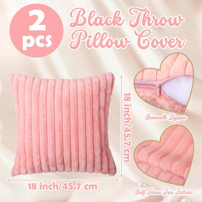 Set of 3 Knot Pillow Ball and 18" Throw Pillowcases Fuzzy Striped, Soft Knotted Home Decor Pillow, 2 Faux Fur Cushion Covers Aesthetic Cushion and Cases for Sofa Bed Bedroom Living Room (Pink)
