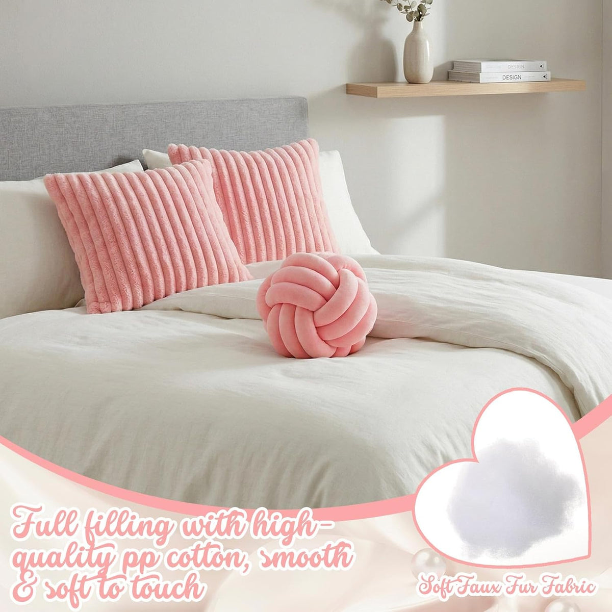 Set of 3 Knot Pillow Ball and 18" Throw Pillowcases Fuzzy Striped, Soft Knotted Home Decor Pillow, 2 Faux Fur Cushion Covers Aesthetic Cushion and Cases for Sofa Bed Bedroom Living Room (Pink)