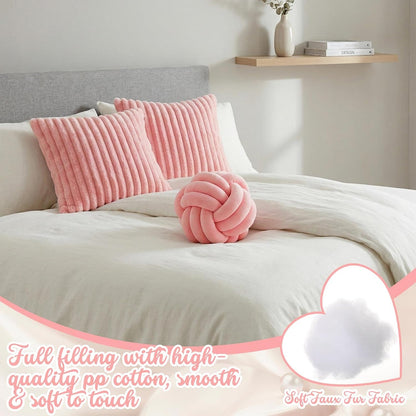 Set of 3 Knot Pillow Ball and 18" Throw Pillowcases Fuzzy Striped, Soft Knotted Home Decor Pillow, 2 Faux Fur Cushion Covers Aesthetic Cushion and Cases for Sofa Bed Bedroom Living Room (Pink)