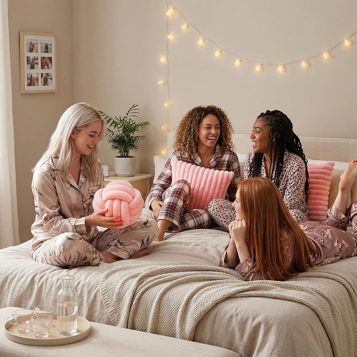 Set of 3 Knot Pillow Ball and 18" Throw Pillowcases Fuzzy Striped, Soft Knotted Home Decor Pillow, 2 Faux Fur Cushion Covers Aesthetic Cushion and Cases for Sofa Bed Bedroom Living Room (Pink)