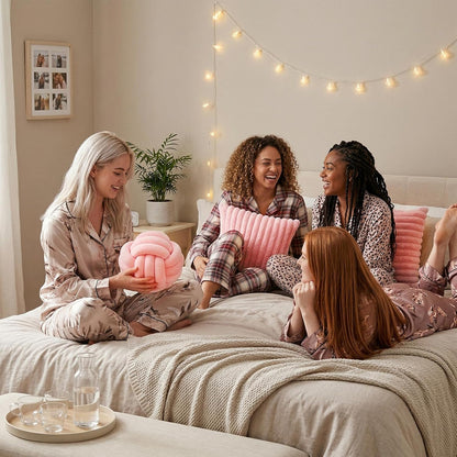 Set of 3 Knot Pillow Ball and 18" Throw Pillowcases Fuzzy Striped, Soft Knotted Home Decor Pillow, 2 Faux Fur Cushion Covers Aesthetic Cushion and Cases for Sofa Bed Bedroom Living Room (Pink)