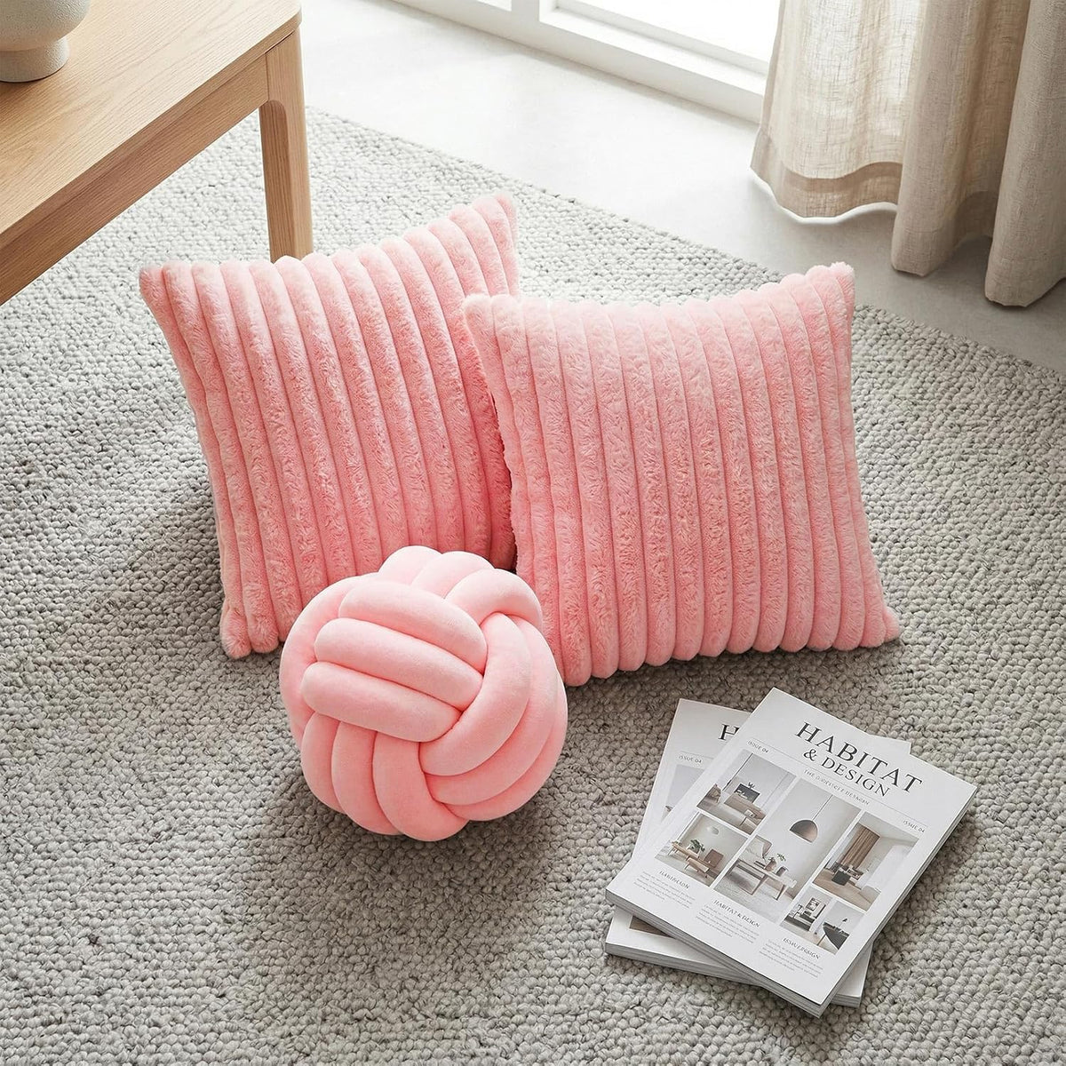Set of 3 Knot Pillow Ball and 18" Throw Pillowcases Fuzzy Striped, Soft Knotted Home Decor Pillow, 2 Faux Fur Cushion Covers Aesthetic Cushion and Cases for Sofa Bed Bedroom Living Room (Pink)