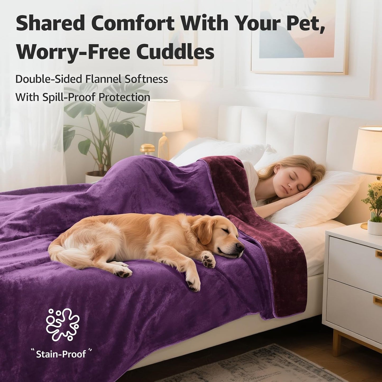 LOOBANI Waterproof Blanket for Bed: Reversible Soft Flannel Twin Bed Blanket 60" x 80", Leakproof Throw Spill-Proof Dog Pet Blanket for Couch, Sofa Protect, Movie Time, Camping, Travel, Purple