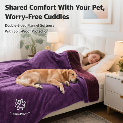 LOOBANI Waterproof Blanket for Bed: Reversible Soft Flannel Twin Bed Blanket 60" x 80", Leakproof Throw Spill-Proof Dog Pet Blanket for Couch, Sofa Protect, Movie Time, Camping, Travel, Purple